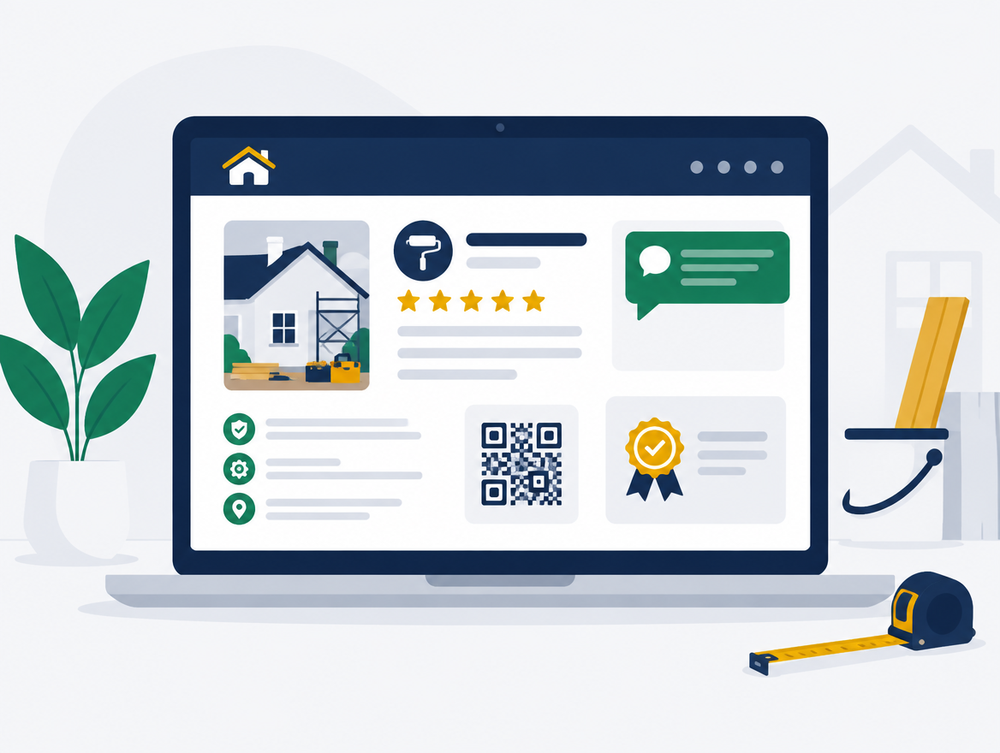 Panel firmy na laptopie: profil, odpowiedź na opinię, kod QR i certyfikat